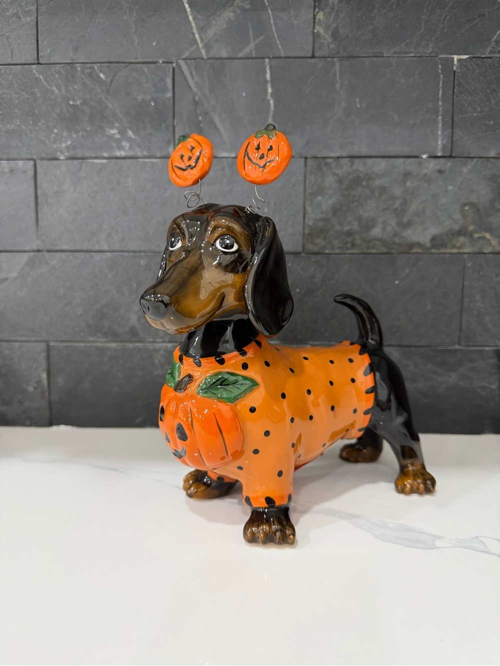 Halloween Dachshund Dog Figurine - Orange Pumpkin Costume